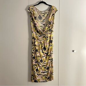 $695 Versace Collection Yellow Pink Paisley Floral Faux Wrap Dress 10/IT 46
